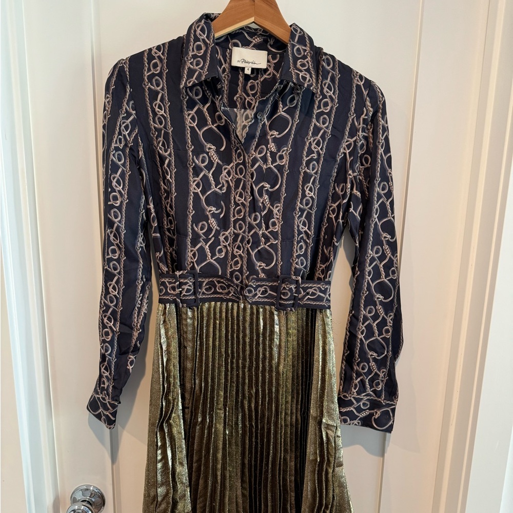 3.1 Phillip Lim Silk Dress with Gold Pleated Skirt, Sz 4